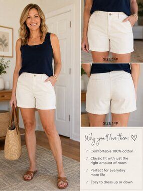 Riders Casuals Ivory Off-White Cotton Shorts Women's Size 14 Classic Chino Summe
